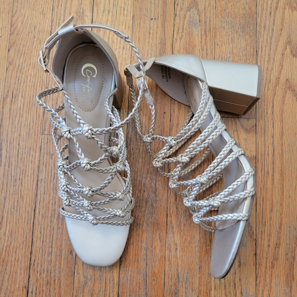 C Comfort 10 Strappy Sandals Champagne Gold Braided Block Heel Formal Gala
